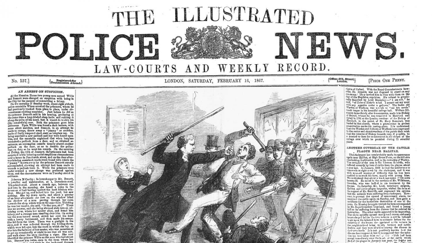 Vintage newspaper header, "The Illustrated Police News," featuring a dramatic illustration, likely depicting a historical event, surrounded by densely packed text.