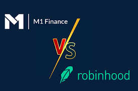 M1 Finance and Robinhood logos separated by a diagonal line with a "vs" in the middle, suggesting a comparison or competition between the two financial platforms.