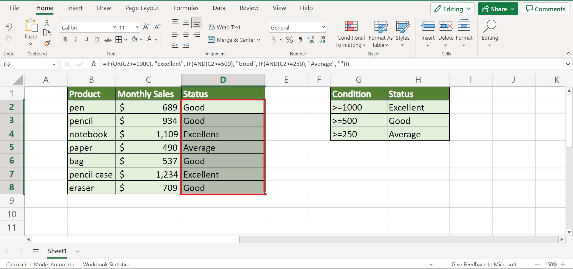 Performing if function in excel sheet