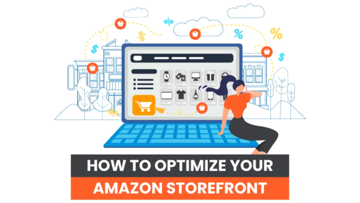Tips for enhancing an Amazon storefront, depicted by a woman on a giant laptop surrounded by e-commerce symbols.