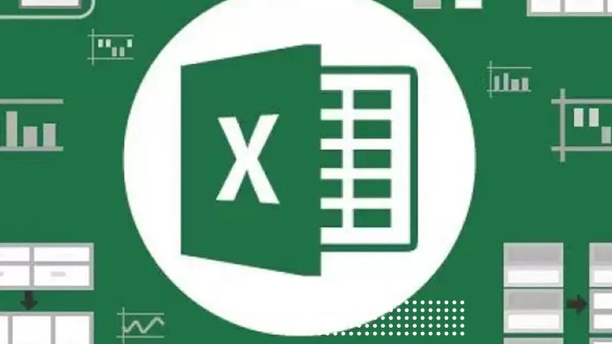 Microsoft Excel logo, superimposed on a background decorated with various spreadsheet and chart icons.