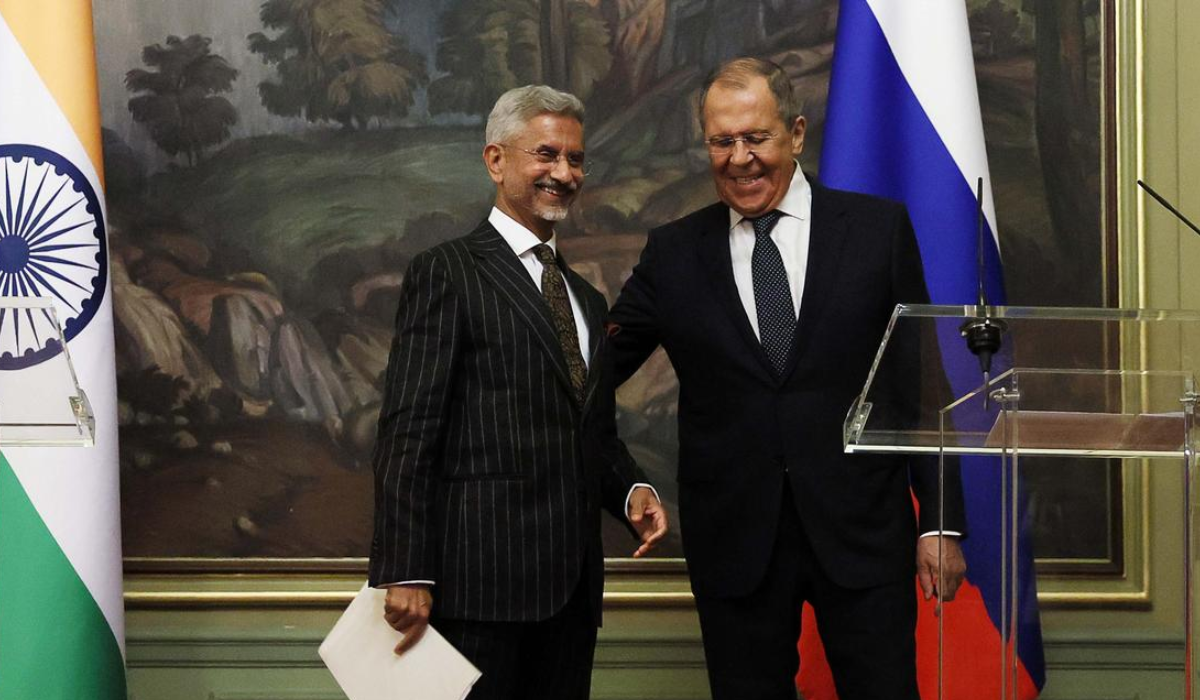 Sergey Lavrov wearing a black suit and S. Jaishankar wearing a black stripe suit