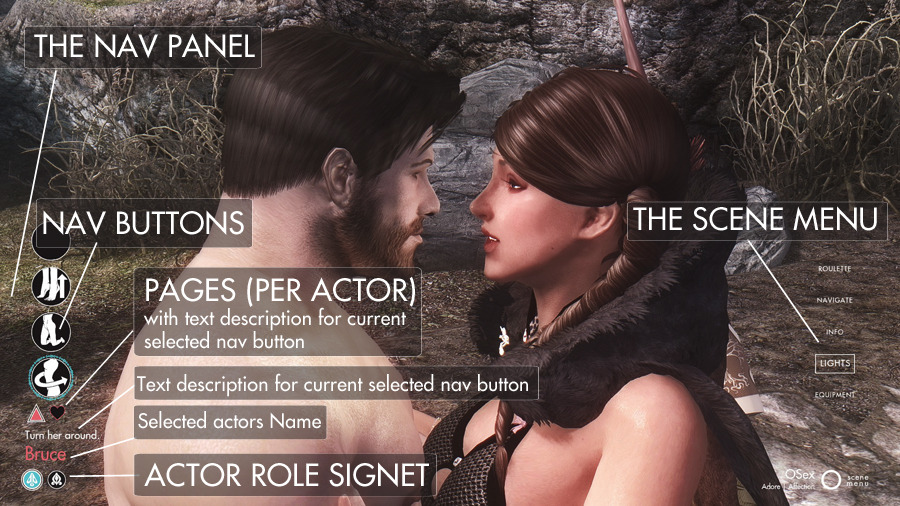 Male and female game character hug each other with game options interface