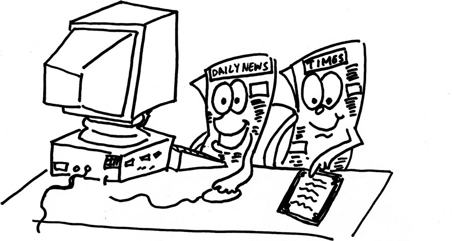 Whimsical line drawing depicting anthropomorphic newspapers—the 'Daily News' and 'Times'—interacting with an old-style desktop computer, suggesting a playful take on the convergence of traditional media and technology.