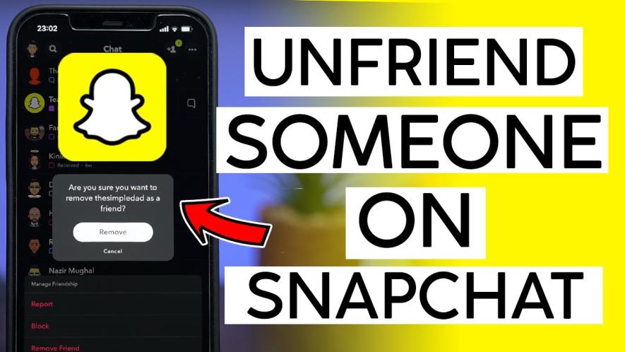 The image provides a visual guide on how to unfriend someone on Snapchat, showcasing a phone's chat interface with a confirmation prompt and an arrow pointing to the "Remove" option.