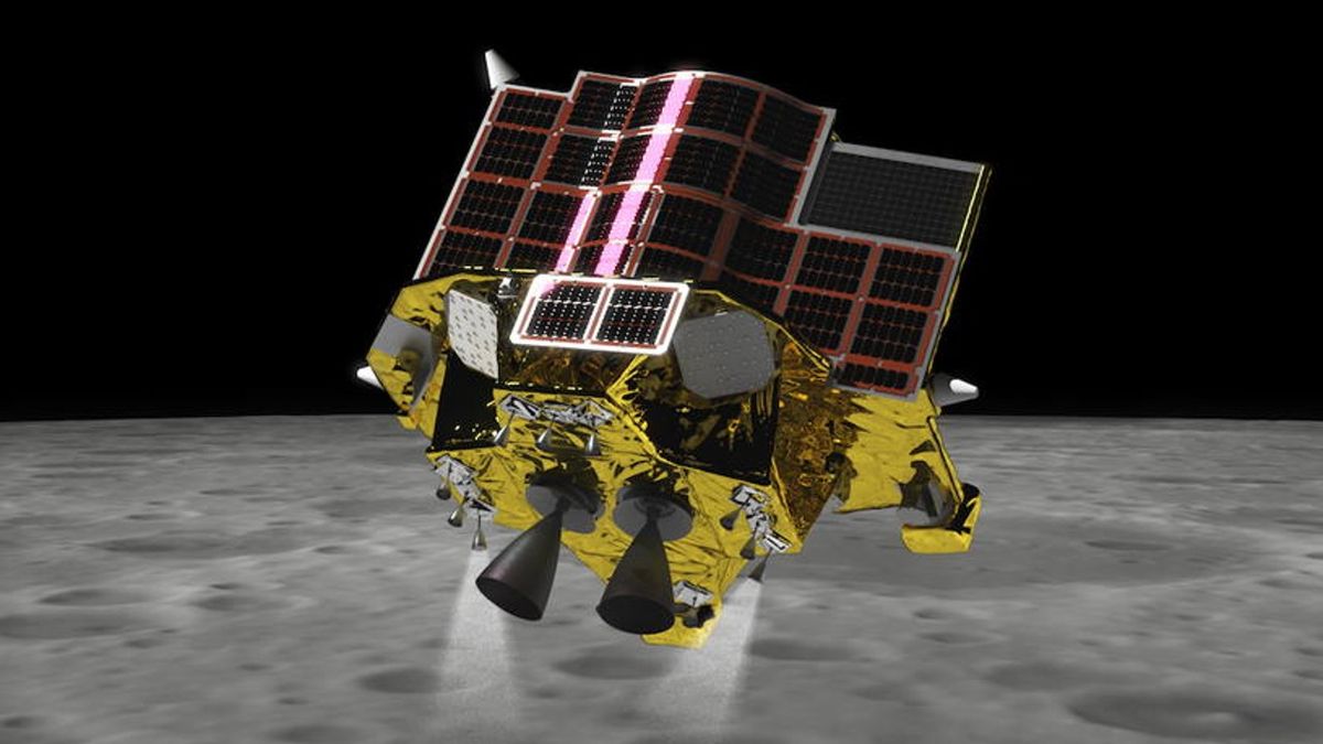 An illustration of the SLIM moon lander floating close to the moon