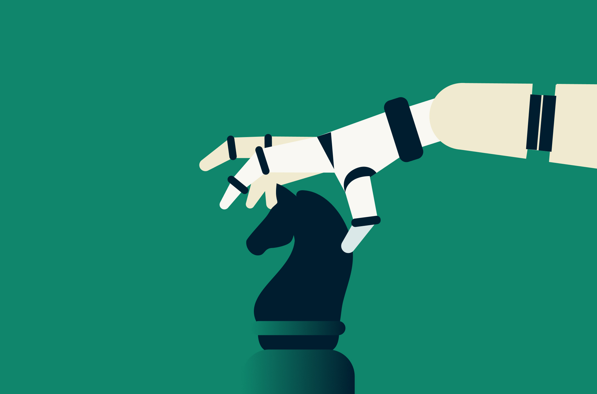 A robotic hand is poised to make a move on a chess knight piece against a green backdrop.