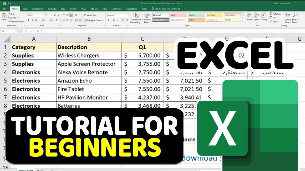 Excel spreadsheet and prominently features the text "Tutorial for Beginners," indicating an educational resource for learning Microsoft Excel.