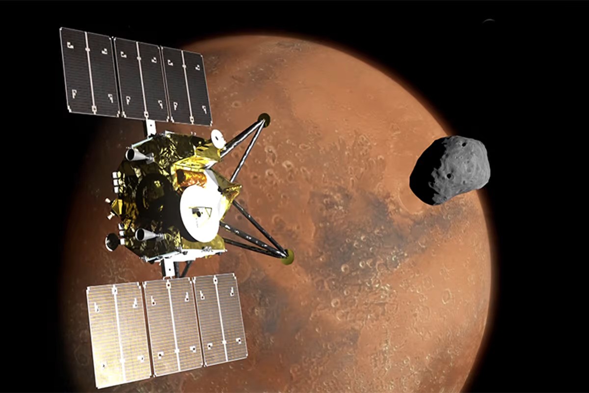 An illustration of the JAXA's Martian Moon eXploration close to Mars