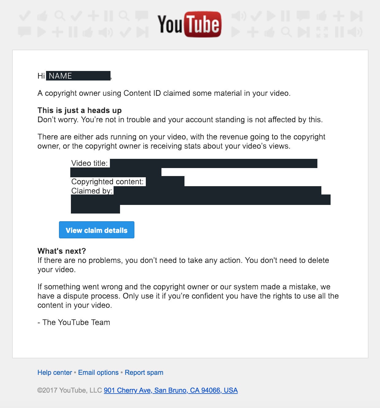 Youtube Copyright Claim email
