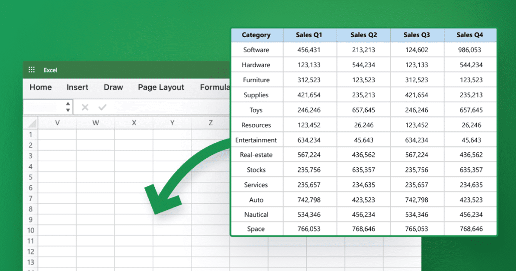 A green arrow pointing to a spreadsheet showing sales by category for four quarters of the year.