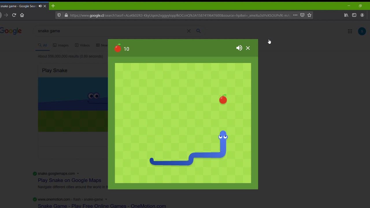 The Google Snake Game in action within a browser tab, with a score of 10 points