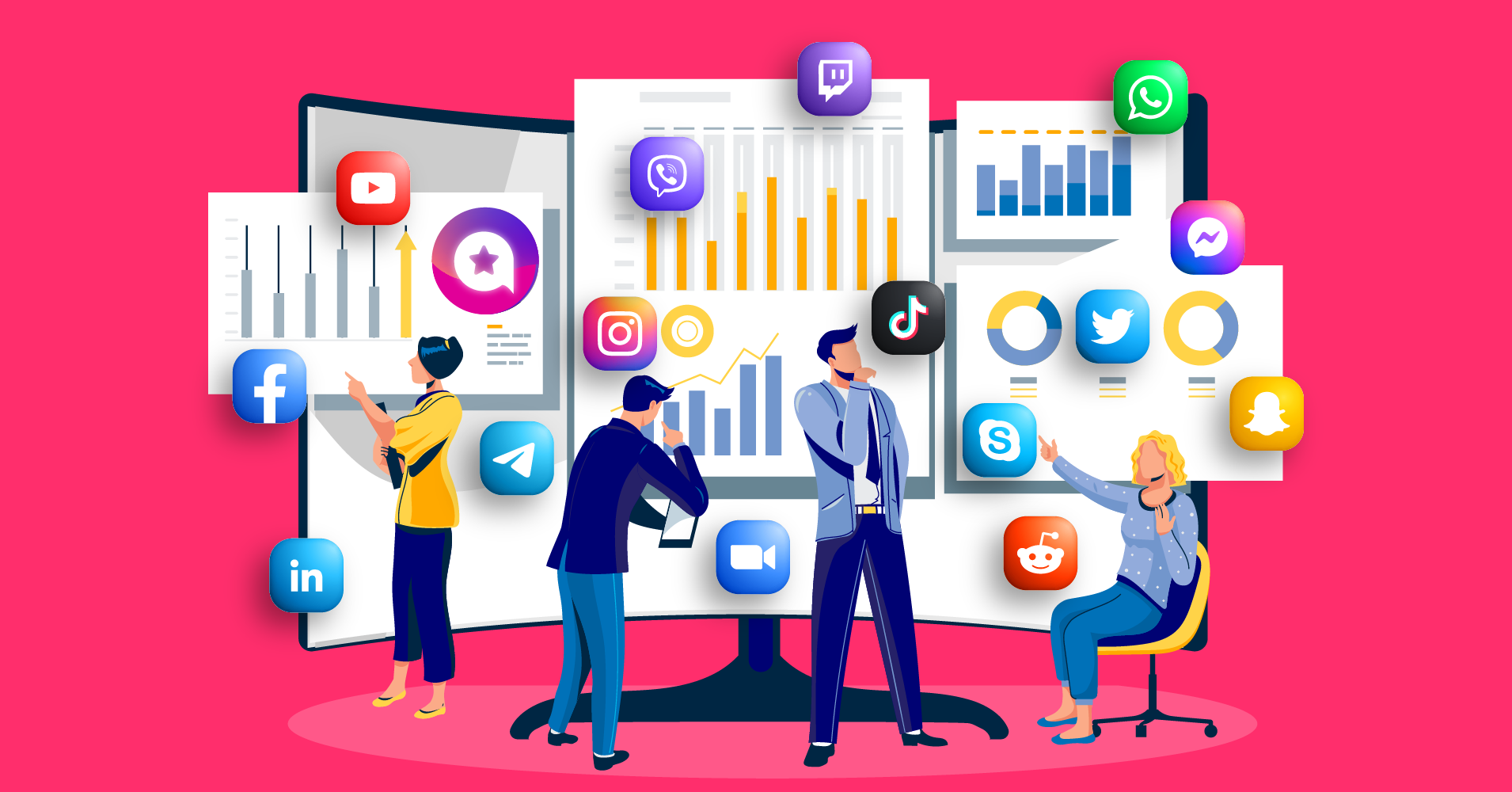 Professionals analyzing and interacting with various social media and digital platform icons, highlighting the importance of digital marketing and analytics.