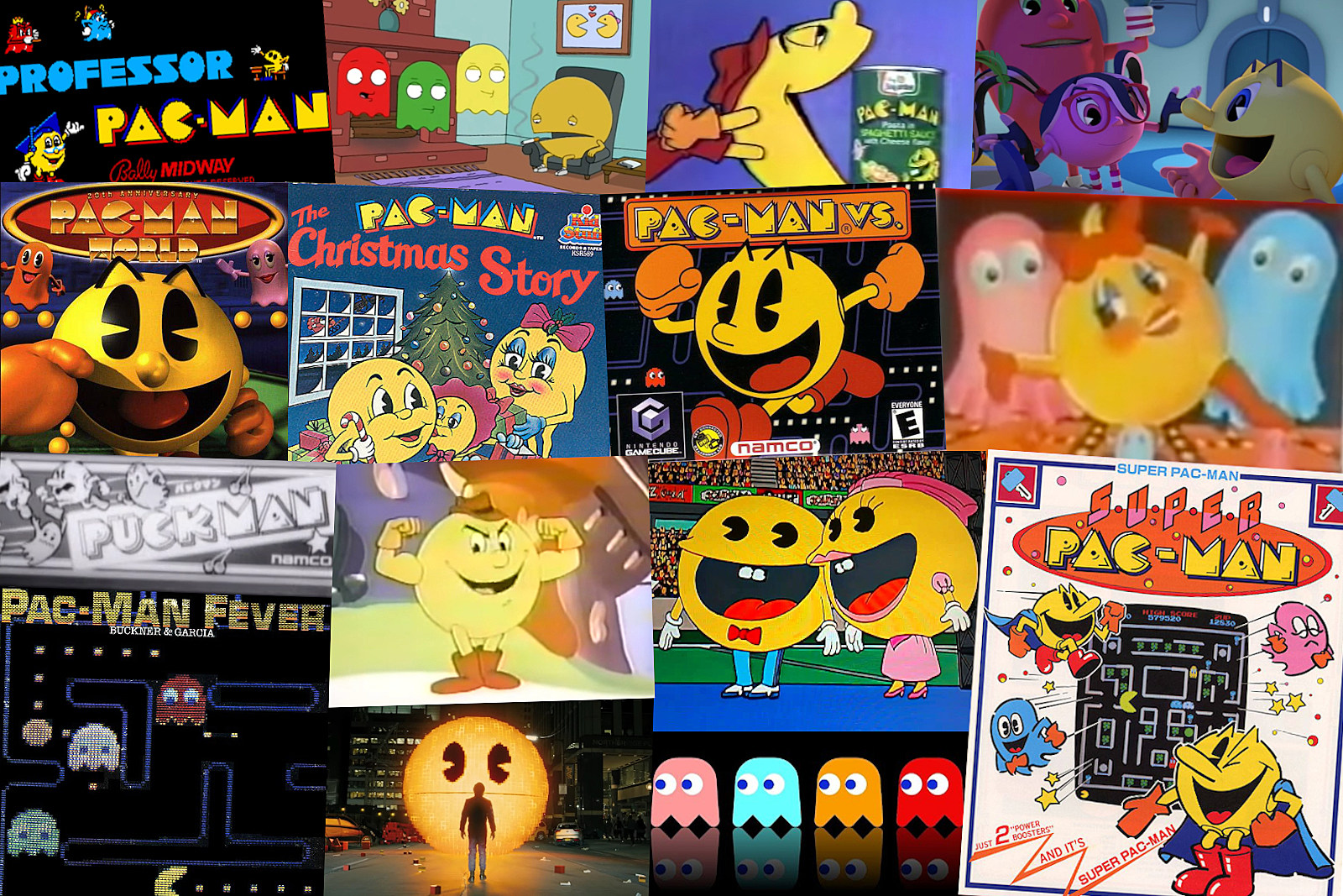 A collage displaying various iterations and representations of PAC-MAN across different media and styles.