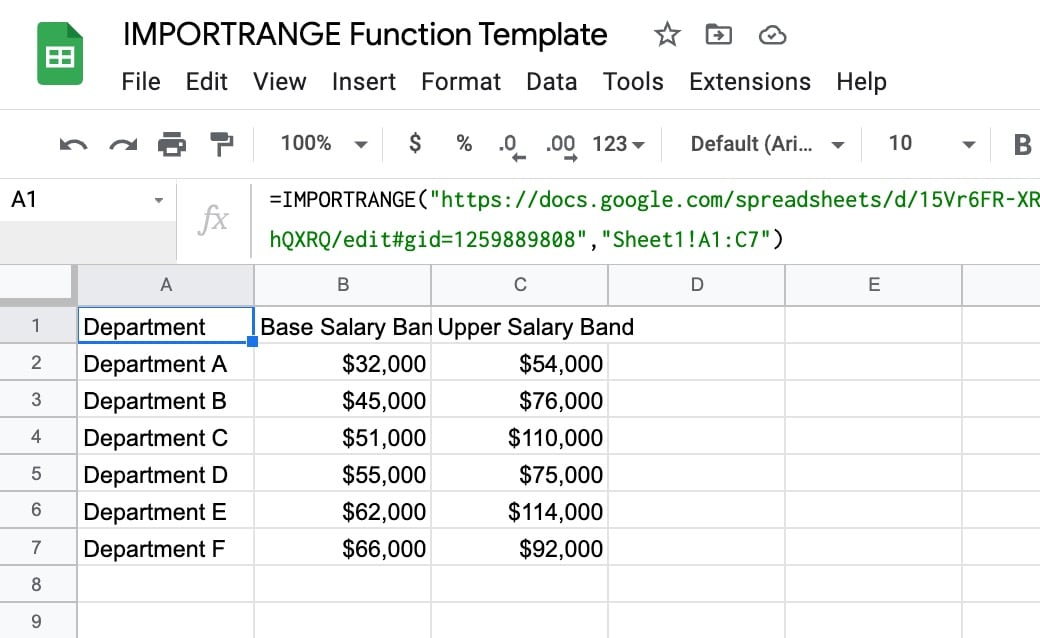 A spreadsheet with title "IMPORTRANGE Function Template".