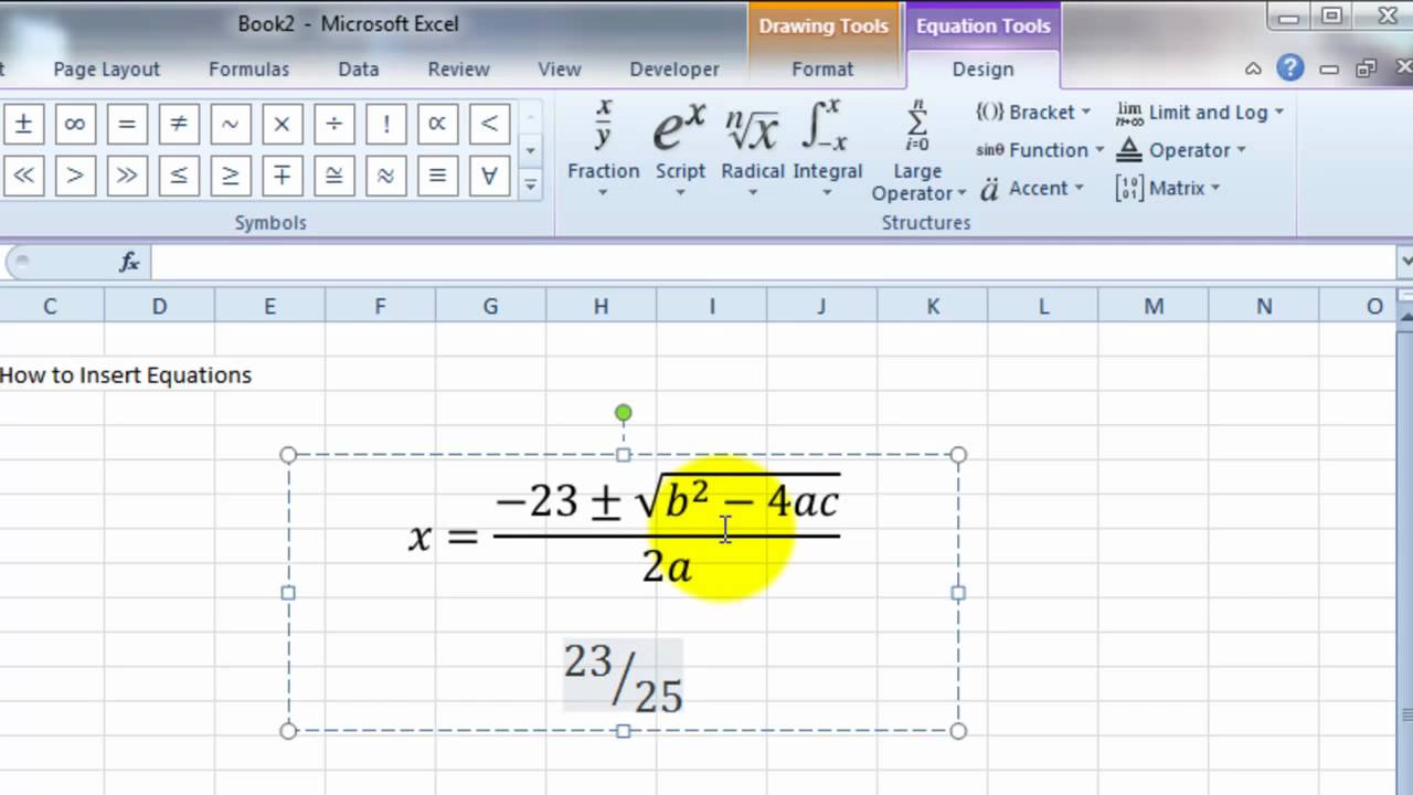 Microsoft Excel interface with the quadratic formula entered into a cell, using the program's equation tools feature.