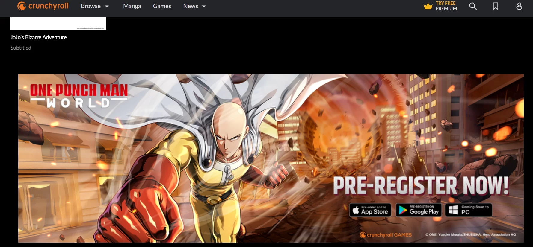 A promotional banner on Crunchyroll's website for "One Punch Man World" game, urging users to pre-register on various platforms.