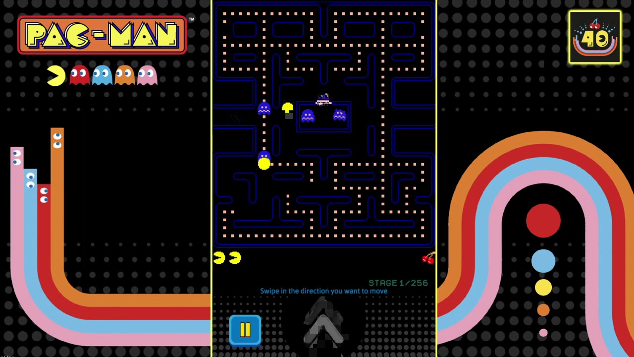 A mobile version of the PAC-MAN game, celebrating its 40th anniversary, with gameplay controls and stage information displayed.