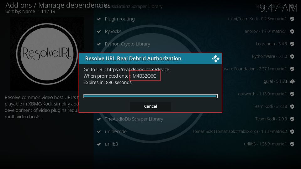 A software interface displaying "ResolverURL" and an authorization prompt for "Real Debrid" with a unique code and a list of add-on dependencies in the background.