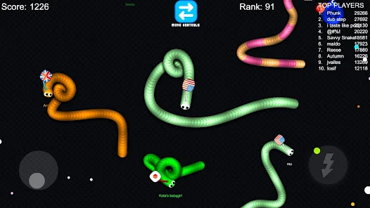 A multiplayer snake game screen showcases various colorful snakes adorned with national flags navigating a dark backdrop.