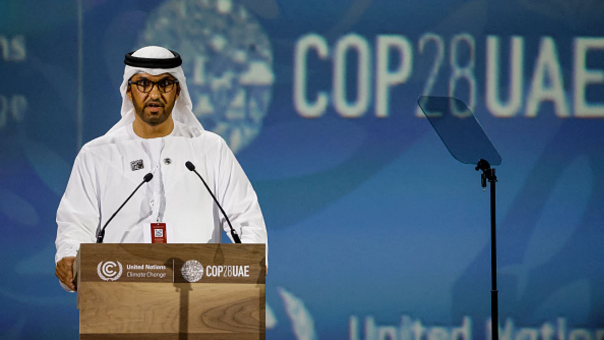 COP28 president Sultan Ahmed Al Jaber speaks during the Transforming Food Systems in the Face of Climate Change event on the sidelines of the COP28 climate summit at Dubai Expo on December 1, 2023.