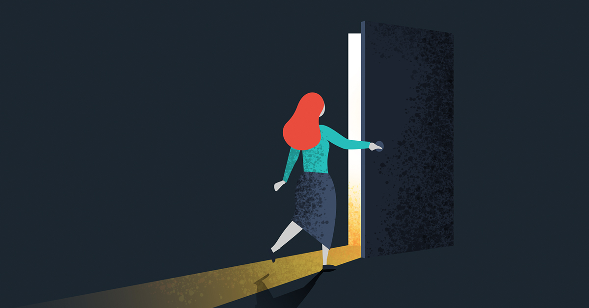 Stylized person stepping through a doorway from a dark space into a brightly lit area, possibly symbolizing transition, discovery, or entering a new phase.