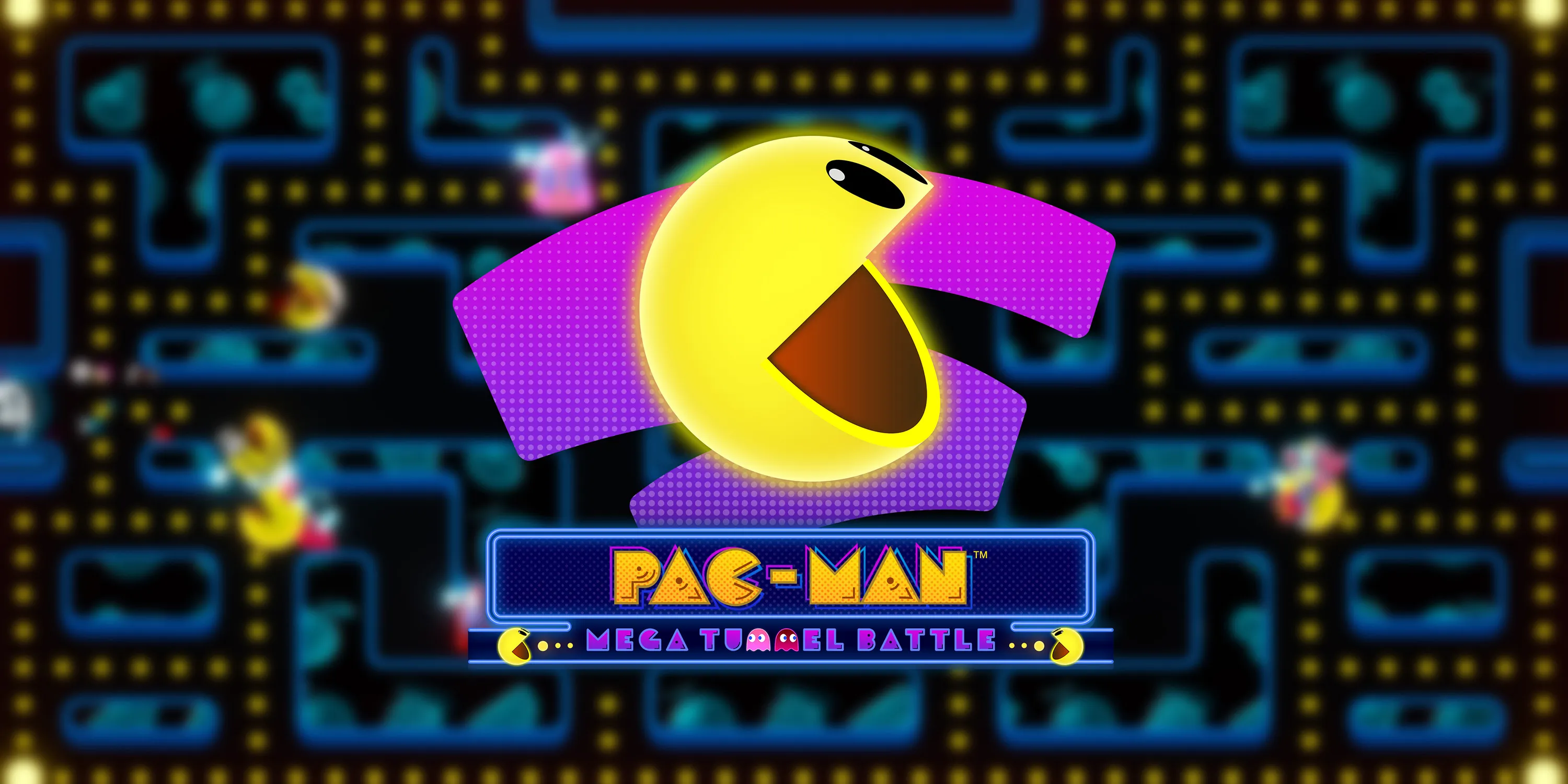 Vibrant PAC-MAN graphic from 'Mega Tunnel Battle' set against a classic maze background.