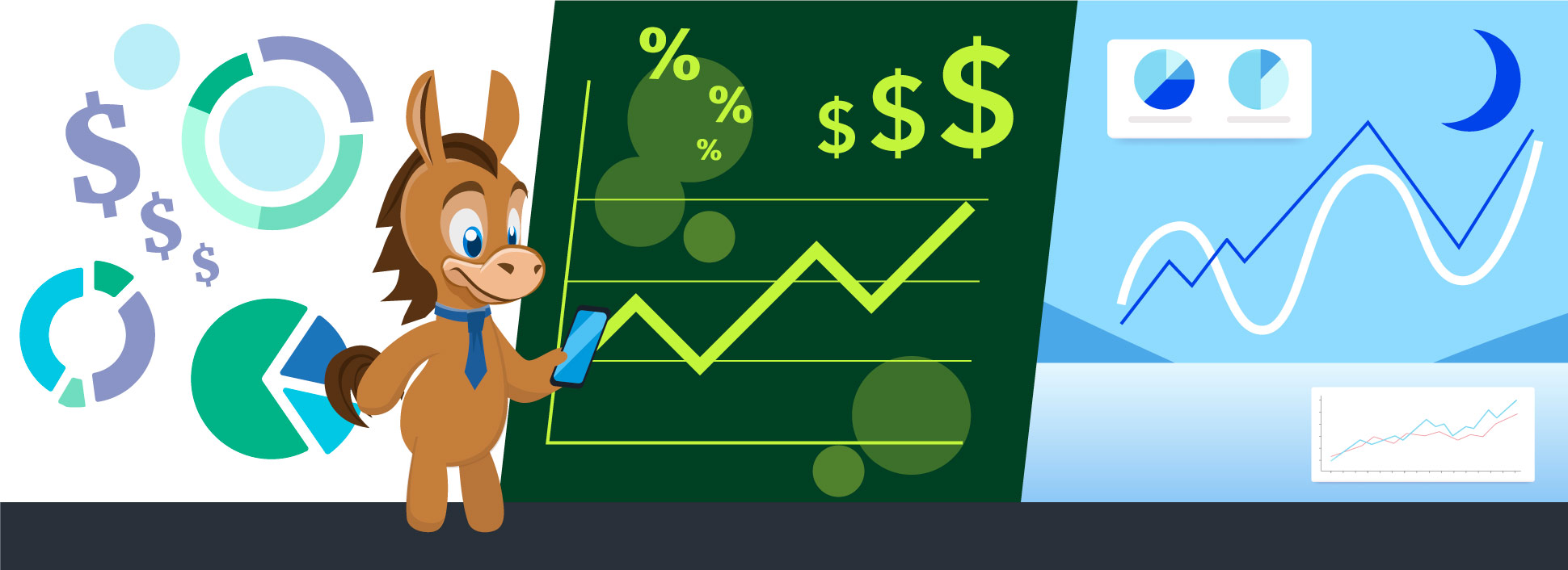 A cartoon character of a donkey wearing a tie and presenting a financial chart, alongside various symbols like currency signs and percentages, suggesting a playful take on economic or investment concepts.