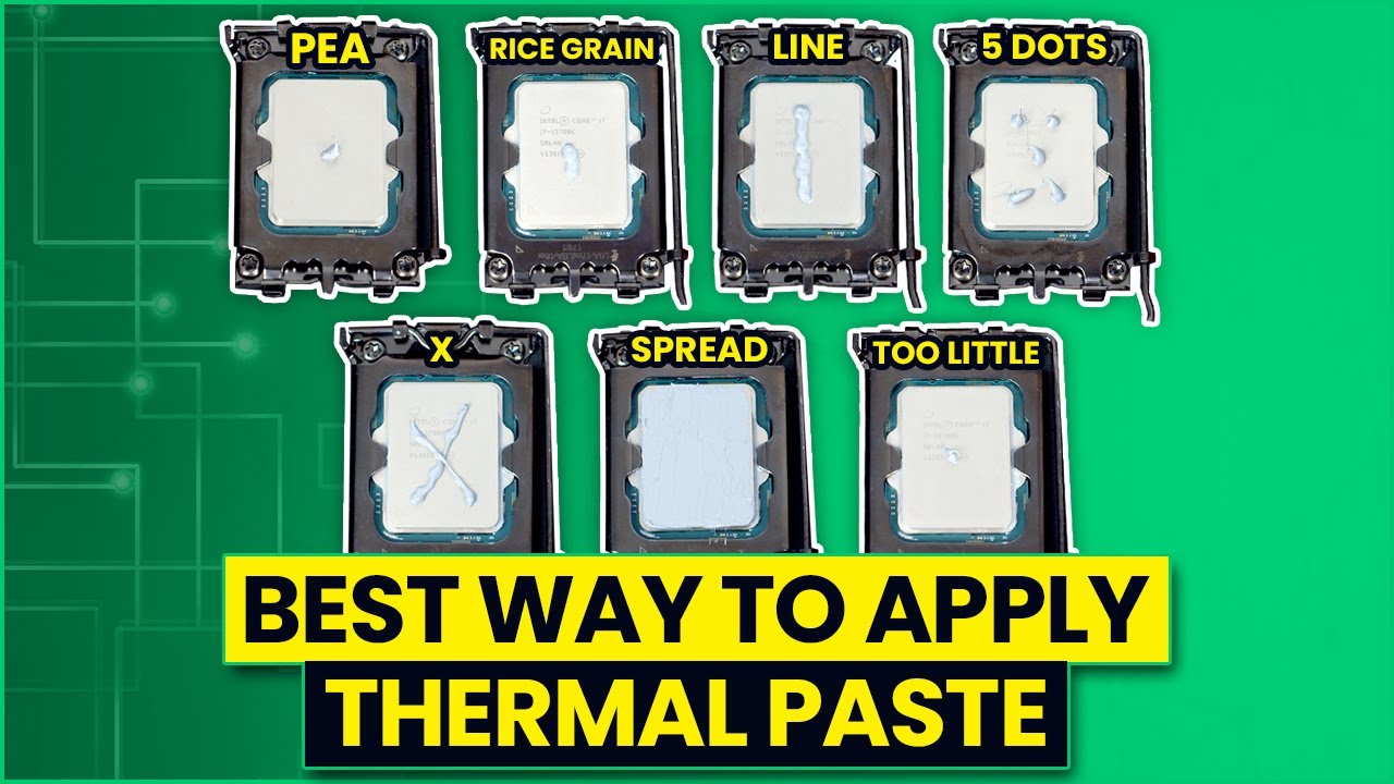 Comparison of different methods for applying thermal paste to a CPU, with the bold text "BEST WAY TO APPLY THERMAL PASTE" suggesting a guide to optimal application techniques.