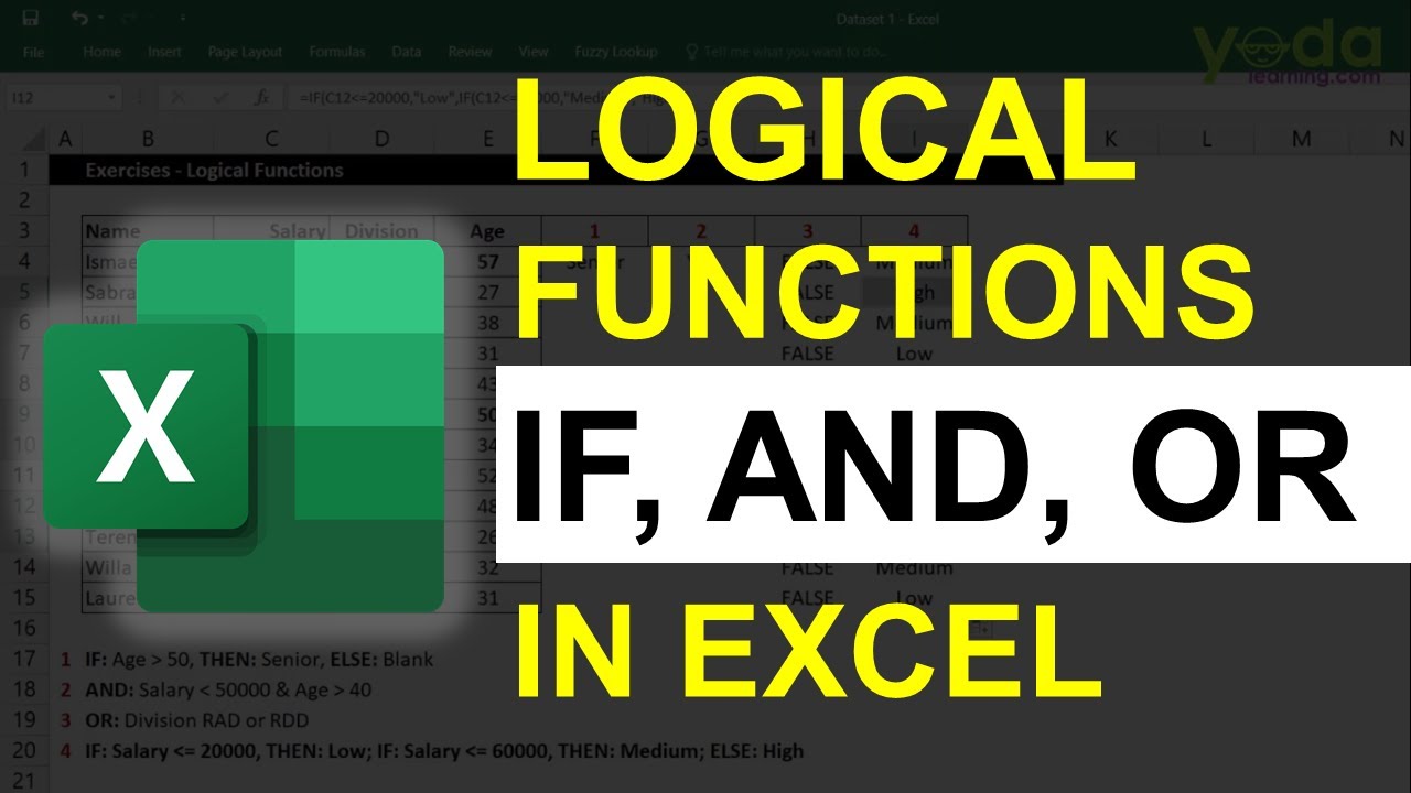 Eeducational graphic about logical functions in Excel, specifically highlighting the IF, AND, and OR functions, with an Excel worksheet in the background and an example formula provided.