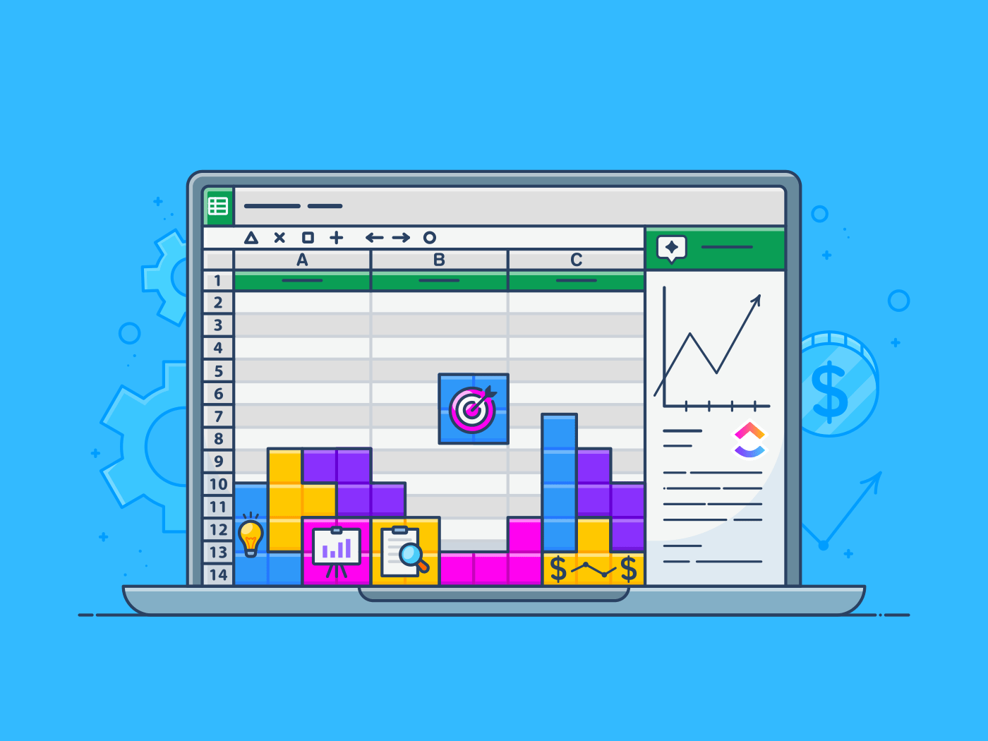 Stylized illustration of a laptop displaying a spreadsheet with various colorful chart elements and financial symbols, indicating data analysis or financial planning activities.