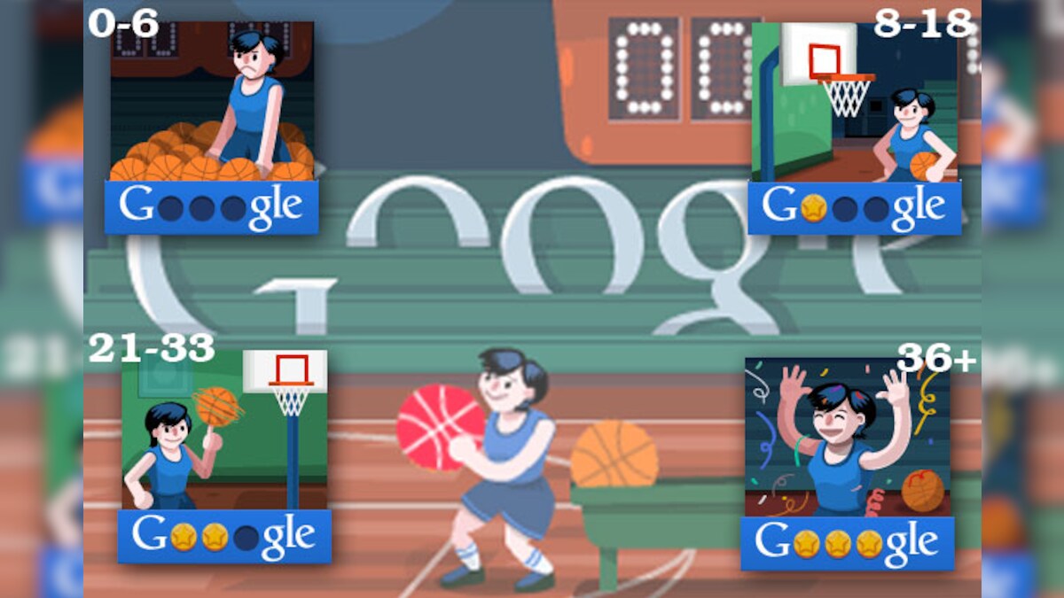 Collage of scenes from a Google Doodle basketball game, showcasing different moments and scores of the gameplay.