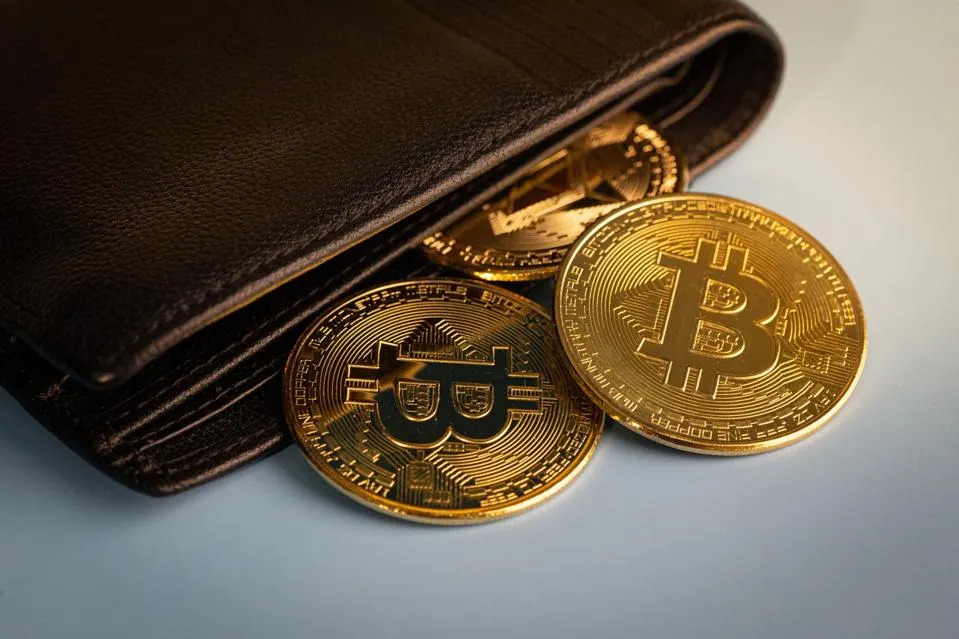 Bitcoins on a Brown Wallet
