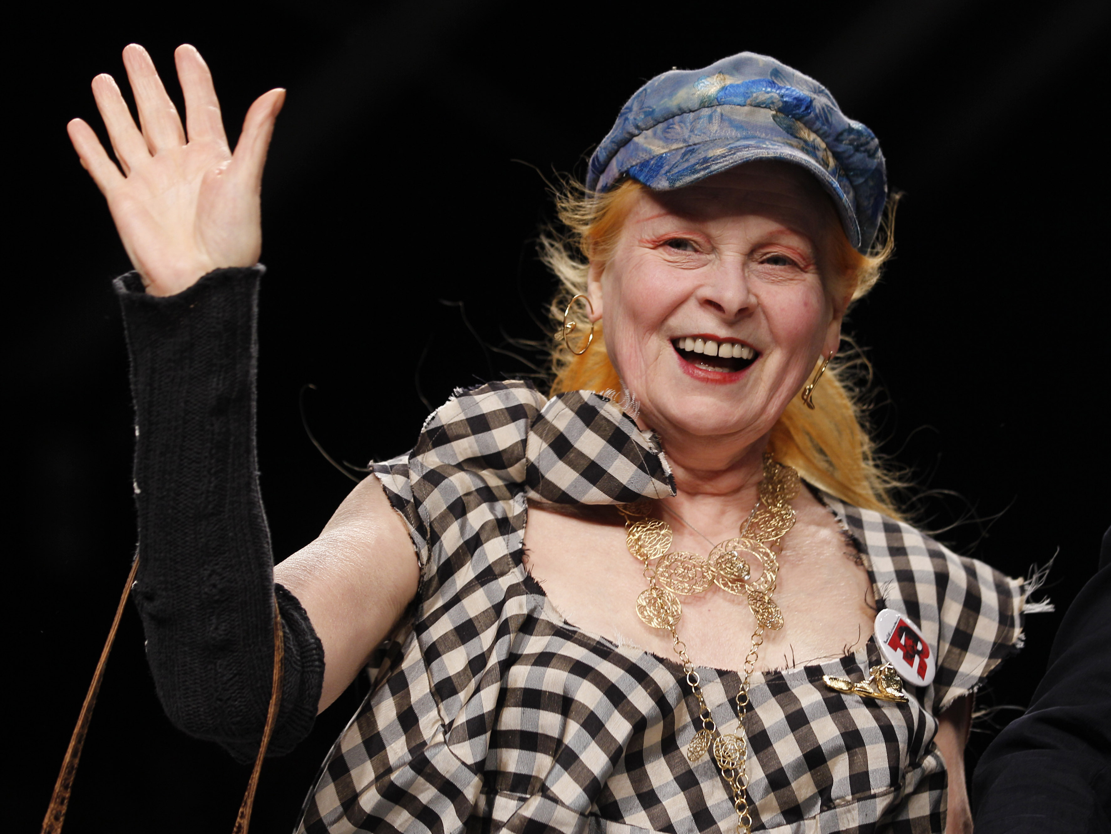 Vivienne Westwood wearing a black and white checkered top