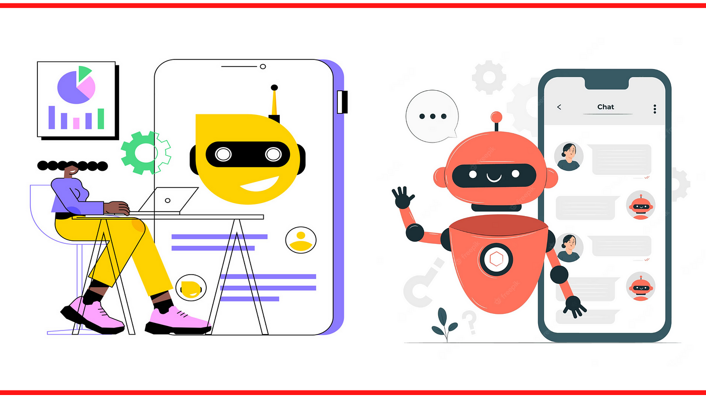 Stylized representations of human-AI interaction, with a person on the left side working on a laptop alongside a large chatbot interface, and on the right, a friendly robot waving, symbolizing the user-friendly and interactive nature of modern chatbot technology.