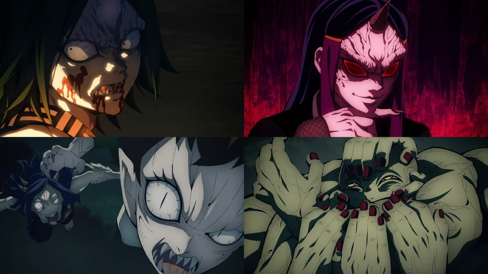 A montage of animated characters displaying menacing and dark aesthetics, each with unique demonic features, suggesting they are antagonists or creatures of a fantasy or horror genre.