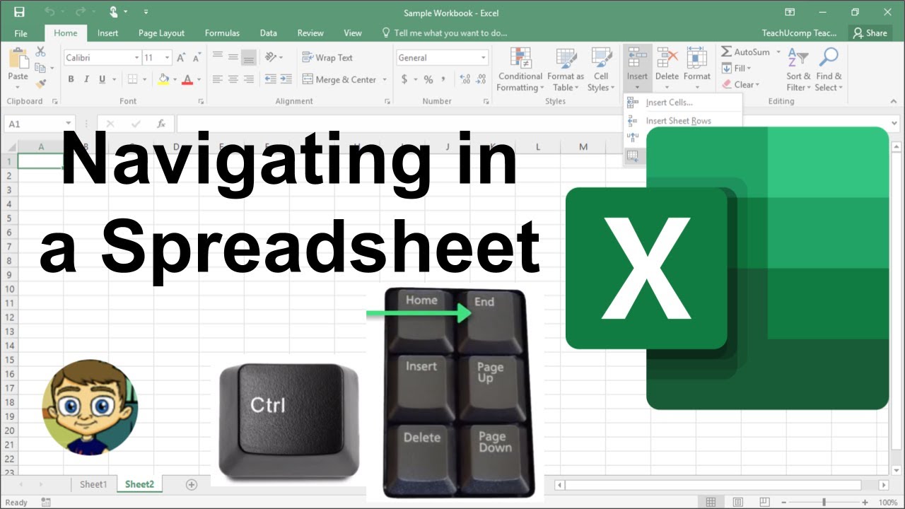 Graphic or presentation slide titled "Navigating in a Spreadsheet" featuring an Excel icon and a partial view of keyboard keys, emphasizing tools for spreadsheet navigation.
