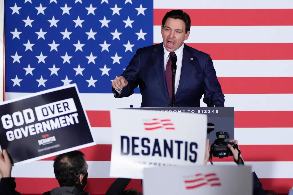 Republican presidential candidate Ron DeSantis speaks to supporters during a caucus night party, on Jan. 15, 2024, in West Des Moines, Iowa.