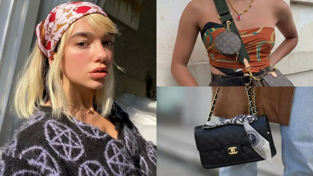 A collage of fashion-forward looks: a person wearing a bandana as a headwrap, another showcasing it as a tube top paired with high-waisted jeans and accessories, and a close-up of a luxury quilted handbag, reflecting creative and high-end styling with bandanas.