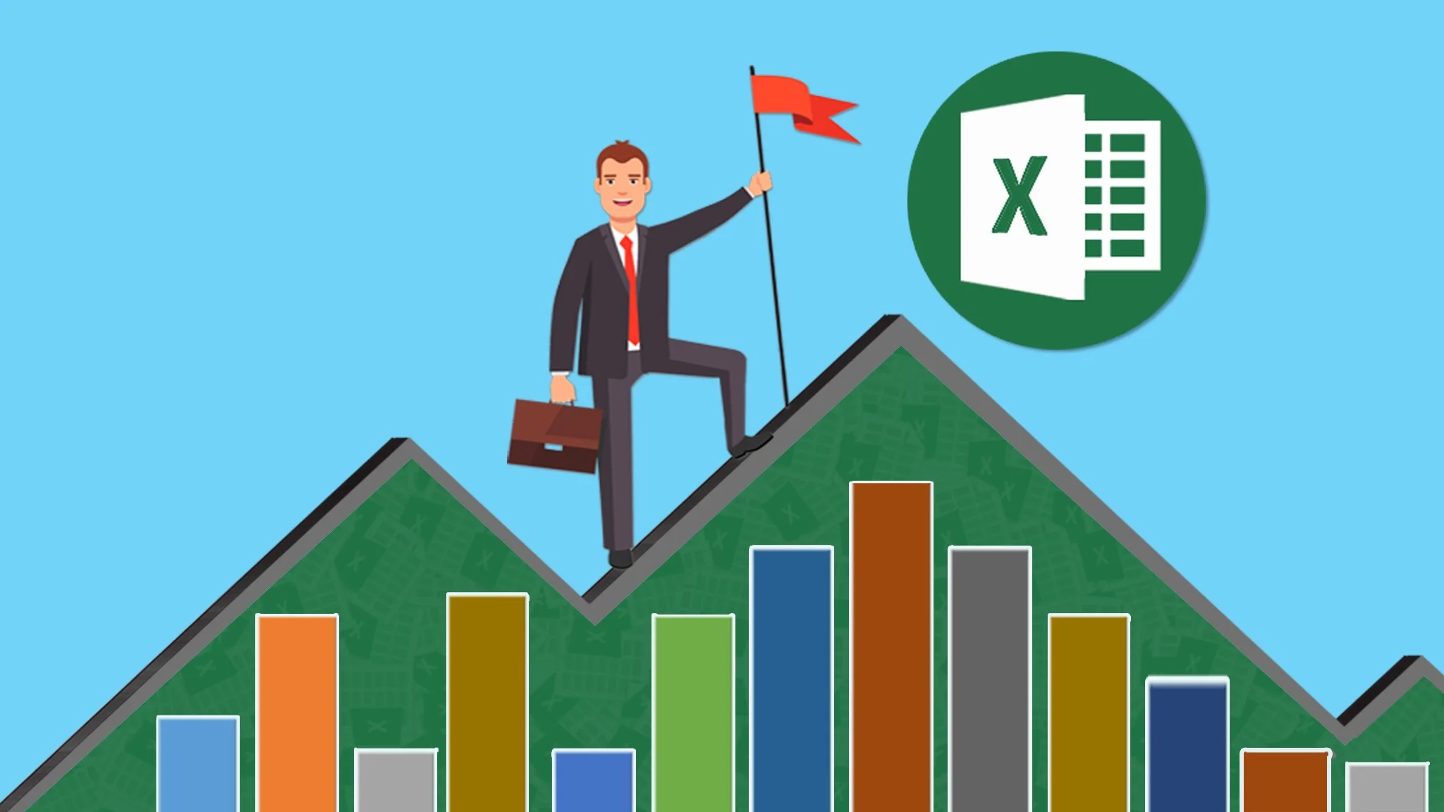 Illustration of a businessman with a briefcase and a flag, climbing a bar chart that leads up to a peak with an Excel logo, symbolizing success or proficiency in Excel.