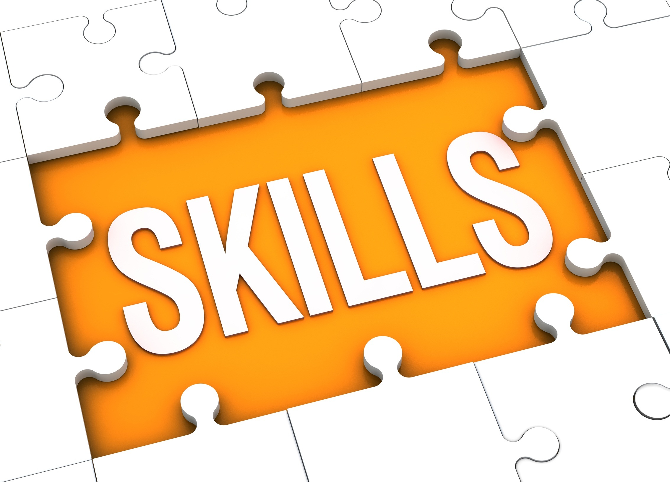 A puzzle piece with the word "skills" written on it, set against a vibrant orange background.