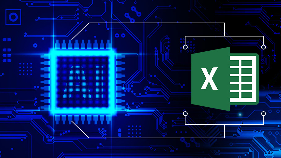 (AI) with a glowing blue "AI" microchip circuit design, alongside the iconic green Microsoft Excel logo, symbolizing the integration of AI technology with Excel spreadsheets.