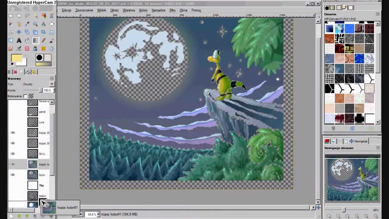 A digital artwork in progress within a graphic editing software, showcasing a character overlooking a moonlit forest landscape.