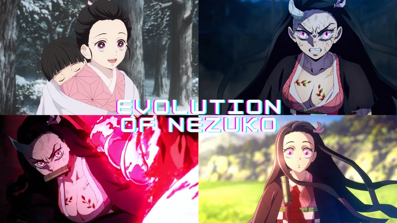 Transformation of an animated character named Nezuko through various states, from human to demon, indicating a dynamic character development within a storyline.