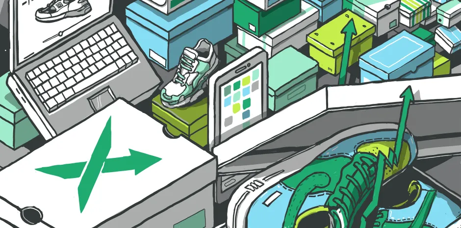 Stylized illustration of a workspace or packing station with sneaker boxes, a desktop computer, a smartphone displaying a spreadsheet, and a sneaker being inspected or packaged, possibly representing an online sneaker resale platform like StockX.