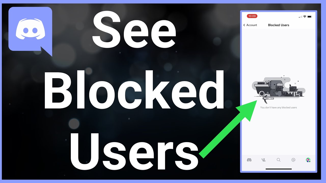 Tutorial graphic with the text "See Blocked Users" and a visual cue pointing to a screenshot of the Discord mobile app's "Blocked Users" section, indicating that the user currently does not have any blocked users.
