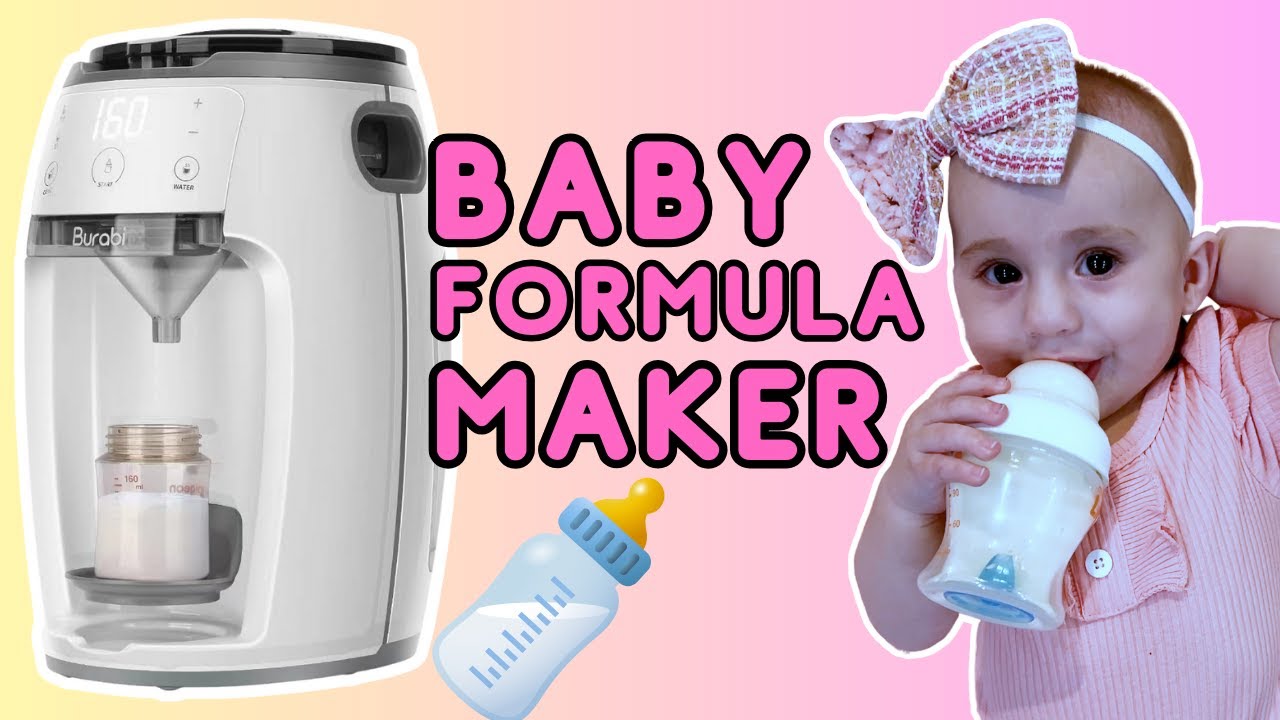 Baby formula maker, featuring the device on the left and a content baby drinking from a bottle on the right, with bold text "BABY FORMULA MAKER" in the center.