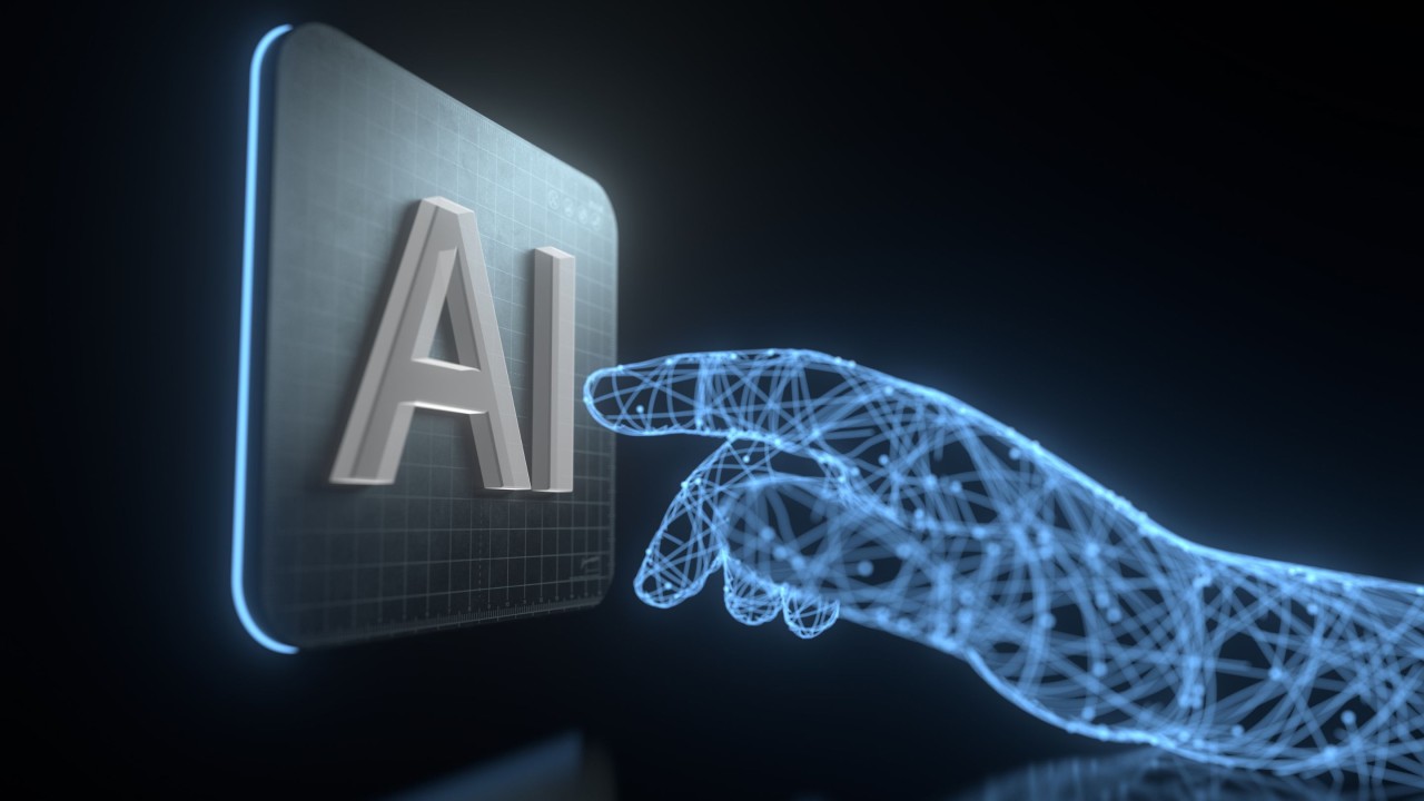 Digital hand reaching out towards a 3D rendered 'AI' emblem, symbolizing the human interaction with artificial intelligence technology.