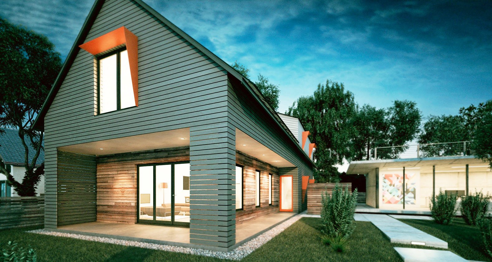 A rendering of a house with a roof extension and large windows, surrounded by trees.