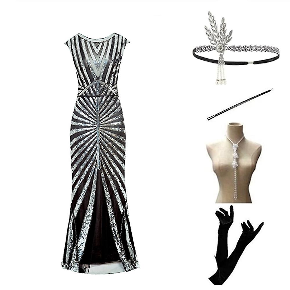 A black and silver sequined dress with fringe, a headband, gloves, a necklace, and a cigarette stick